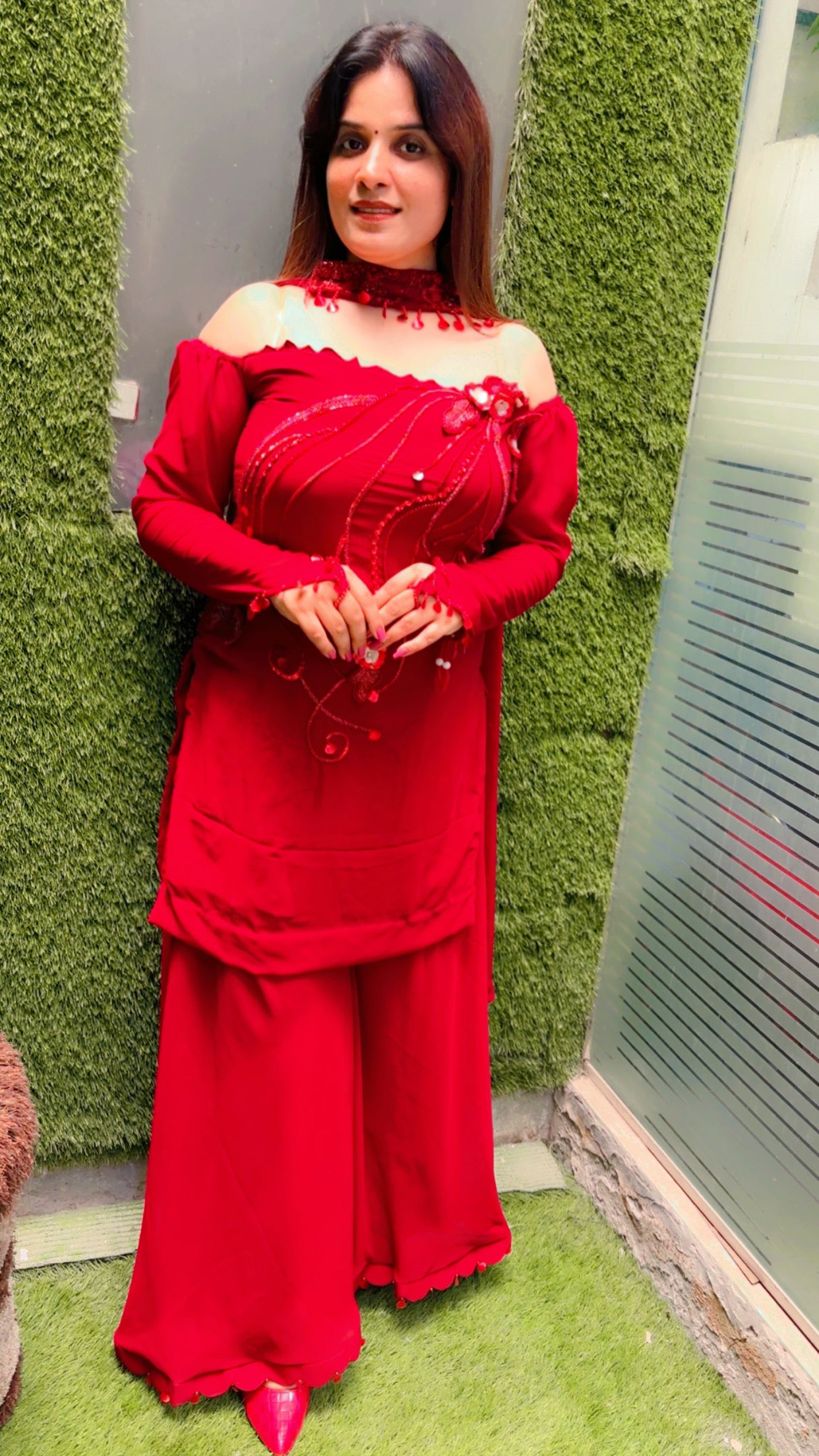 Maroon Embroidered Bridal Trousseau Palazzo Suit