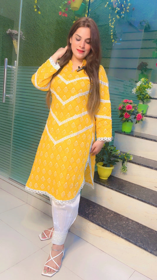 Printed Yellow Designer Kurti Set (KS017)