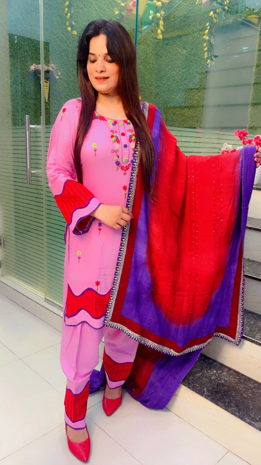 Pink Thread Worked Suit With Salwar And Tie-Dye Dupatta Set (KSD027)