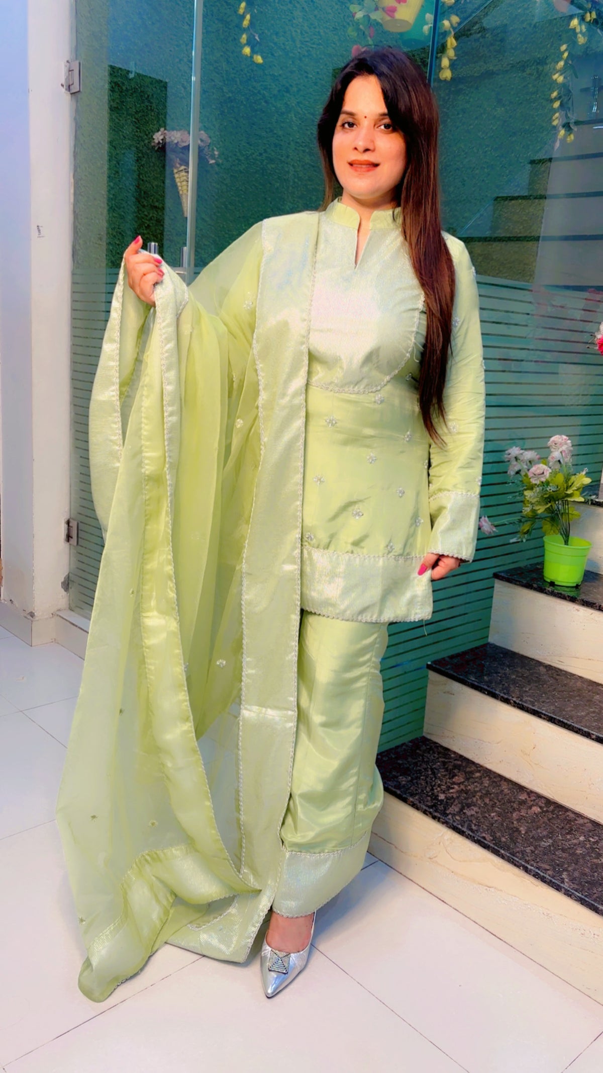 Green Embroidered Silk Bell Bottom And Suit Set