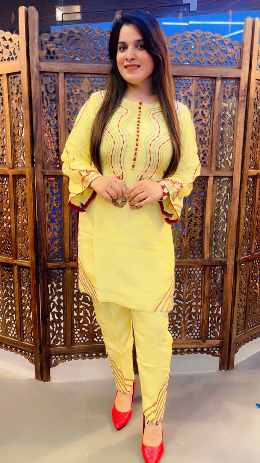 Yellow Silk Pant Suit With Chinon Dupatta For Haldi Function