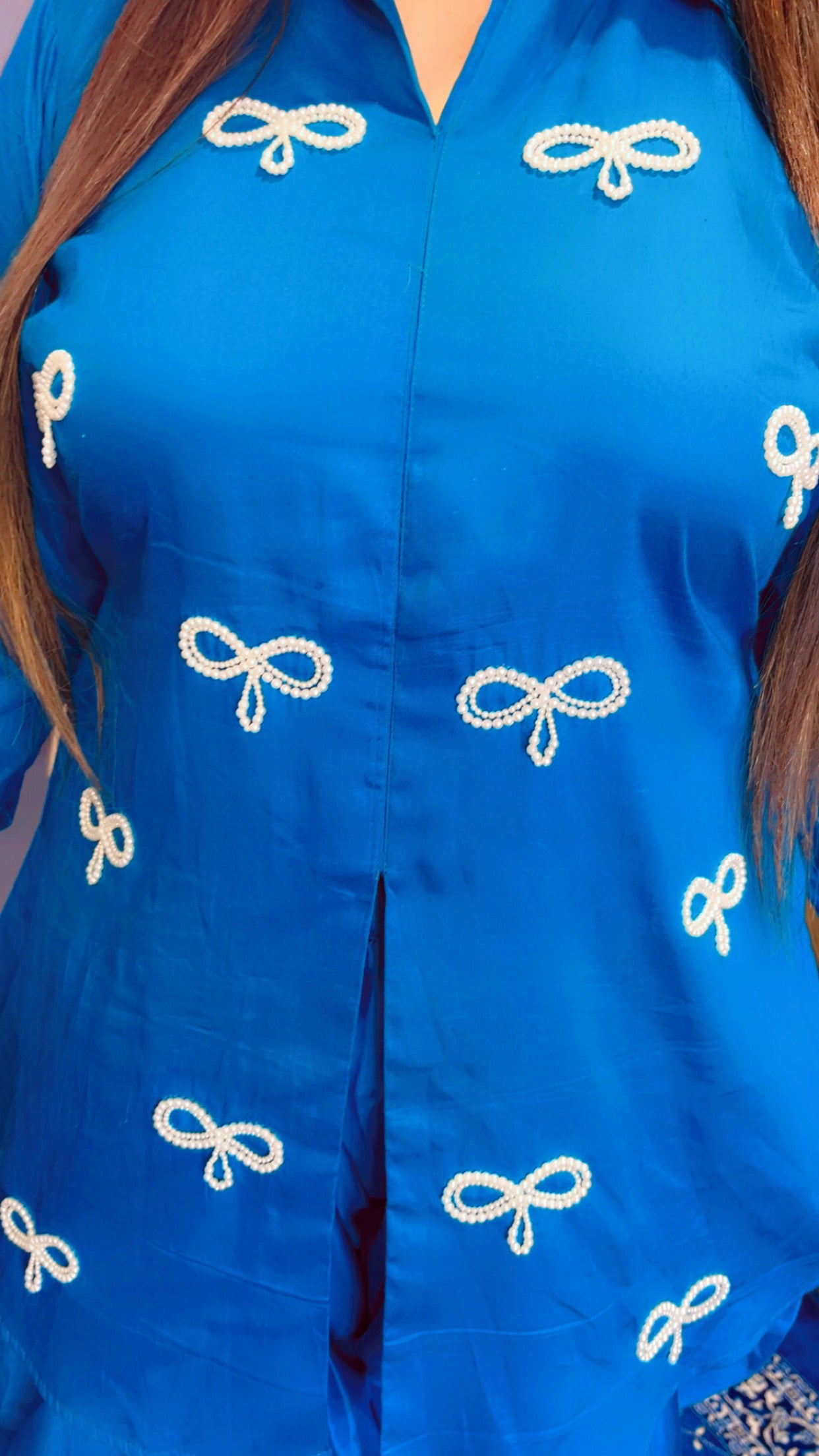 Blue Jam Cotton Trendy Bow Design Pearl Work Short Kurti And Dhoti Set (DS002)