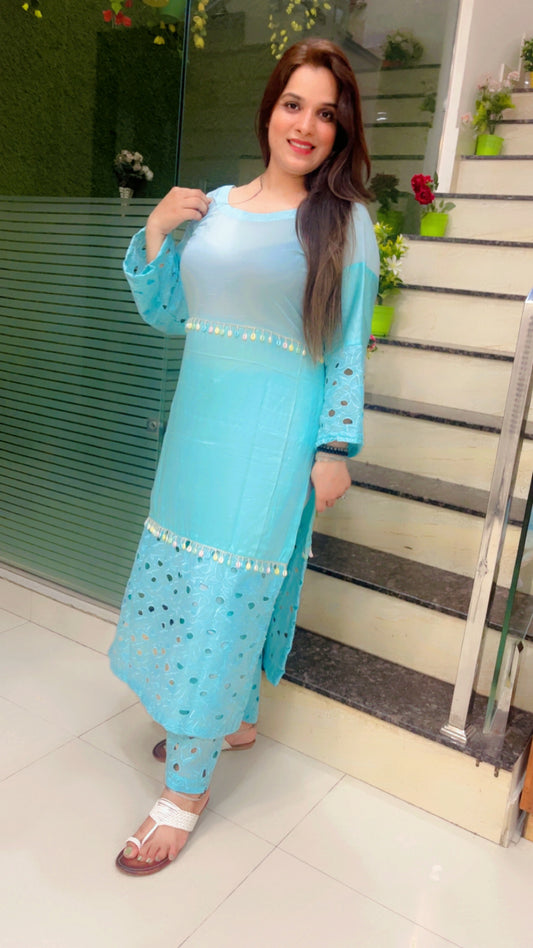 Blue Cotton Designer Kurti Set (KS014)