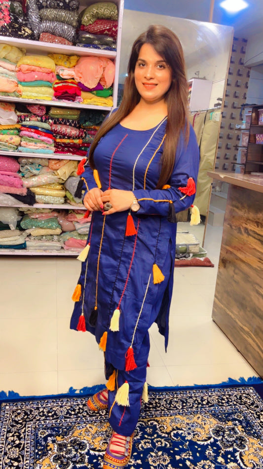 Dark Blue Designer Cotton Kurti and Pant Set