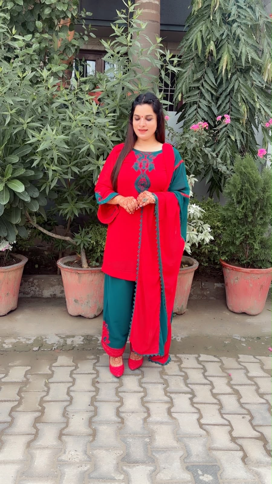 Red And Green Farshi Salwar Suit And Dupatta Set