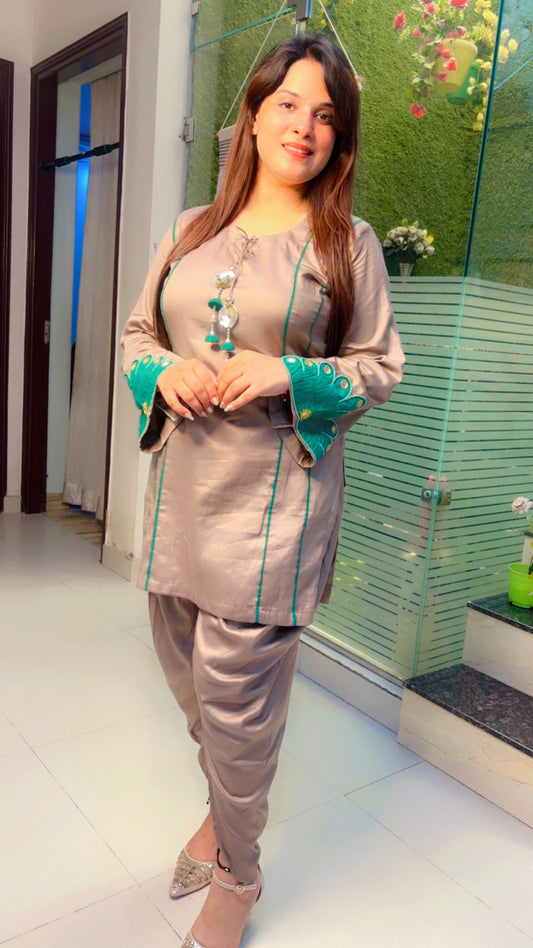 Brown Cotton Co-Ord Set With Green Patchwork (CS009)
