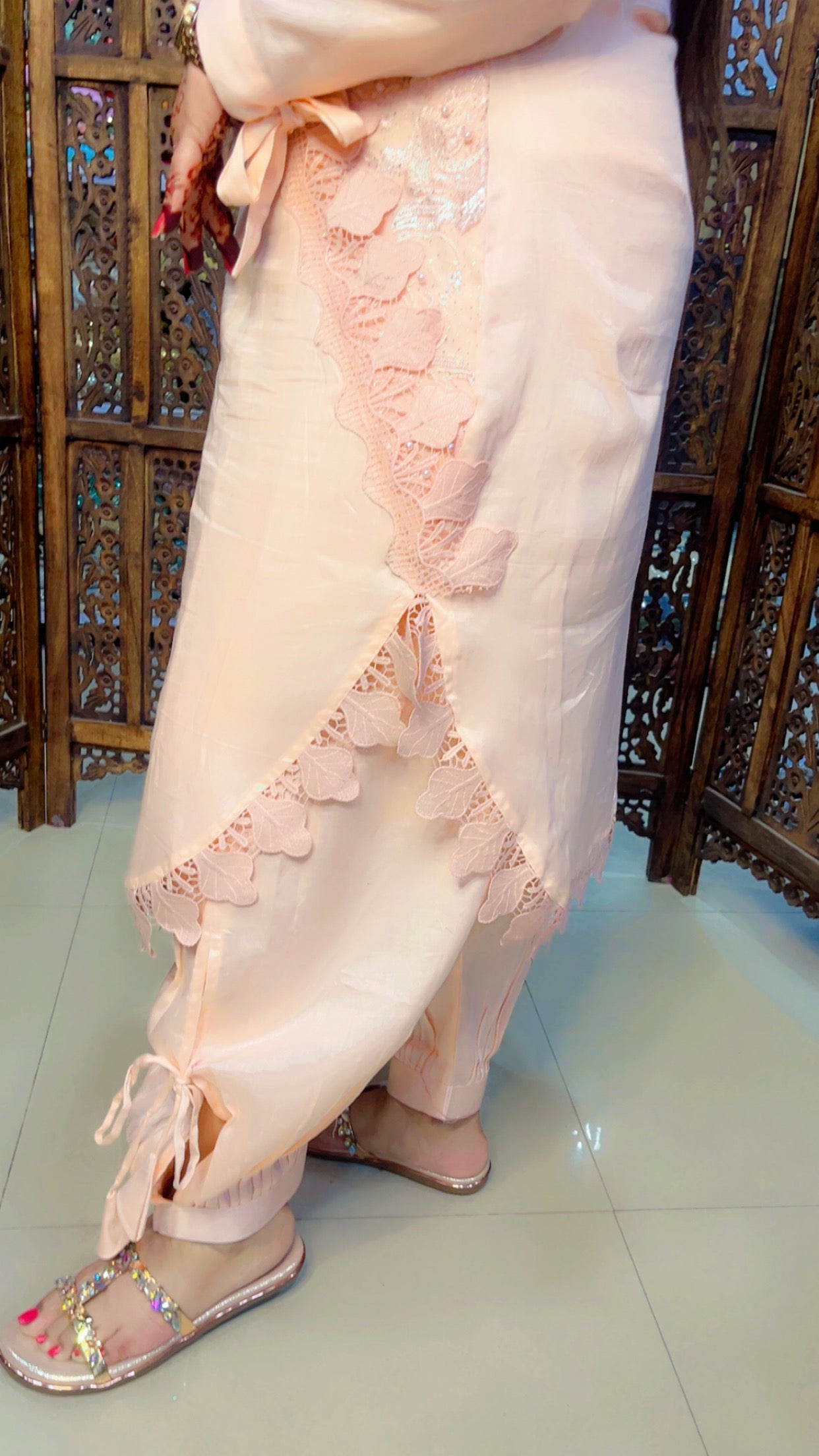 Peach Colour Cotton Fabric Hand And Pearl Work Detail Kurti Salwar Set (KS002)