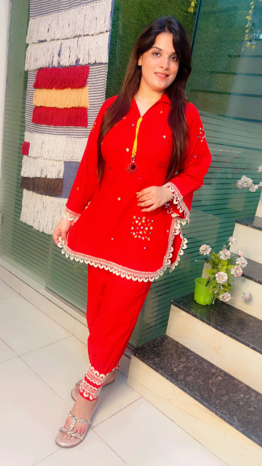 Red Cotton Afghani Salwar with Short Kurti Set