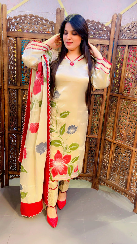 Hand Painted Tissue Silk Pakistani Suit Set In Ivory