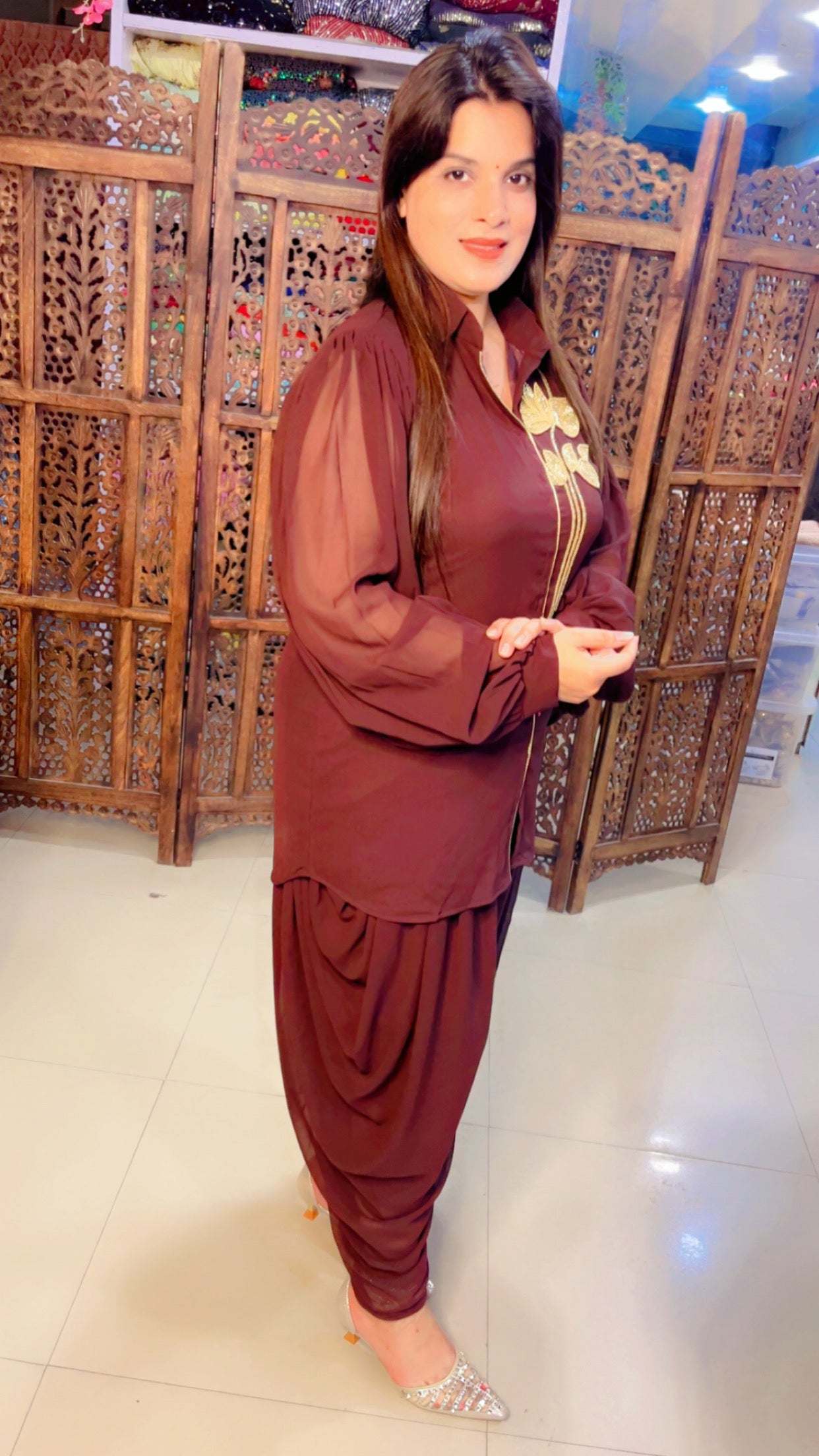 Brown Georgette Designer Hand Embroidered Short Kurta And Dhoti Salwar Set (DS)