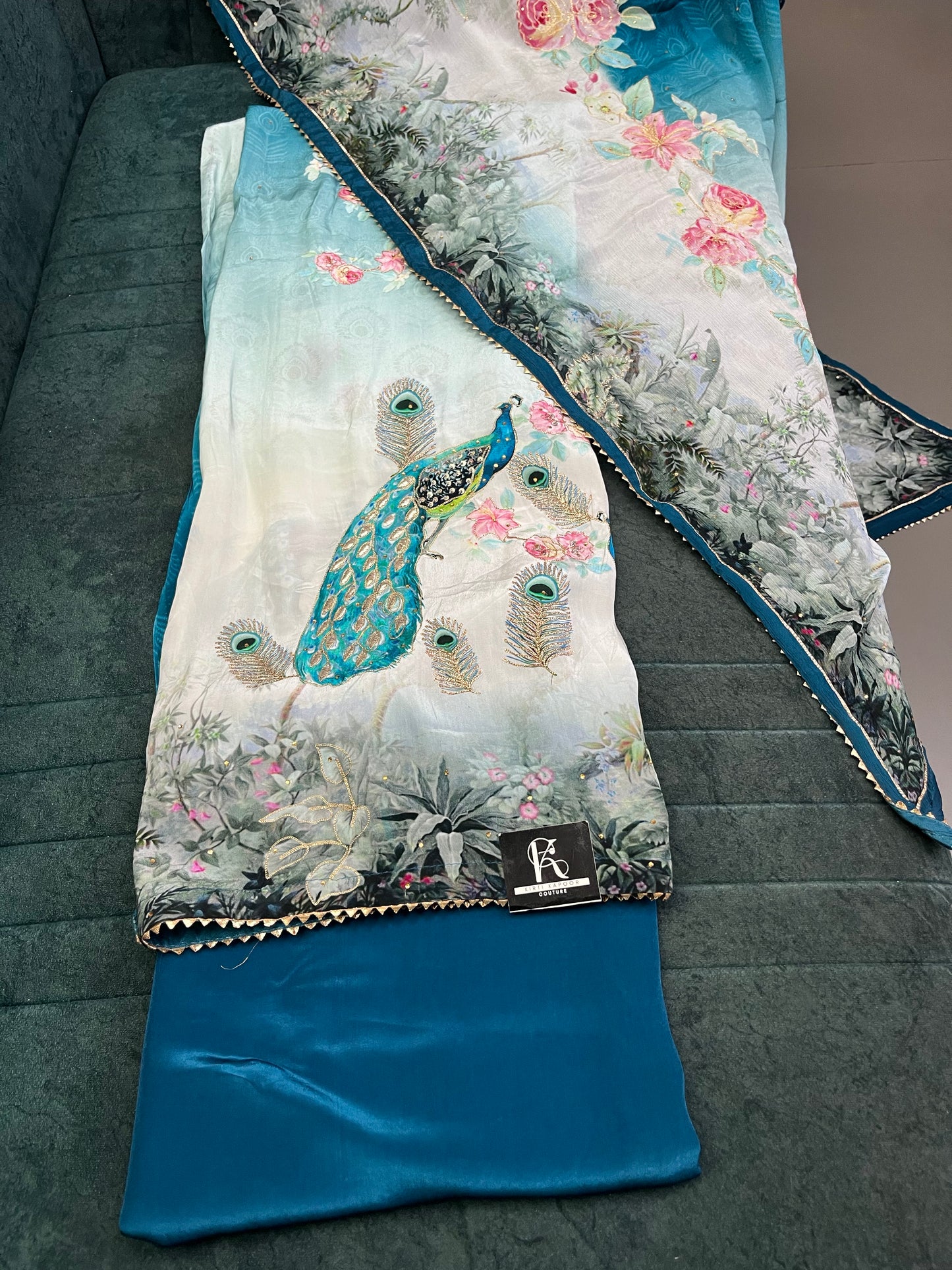 Peacock Print Unstitched Suit Material with Dupatta