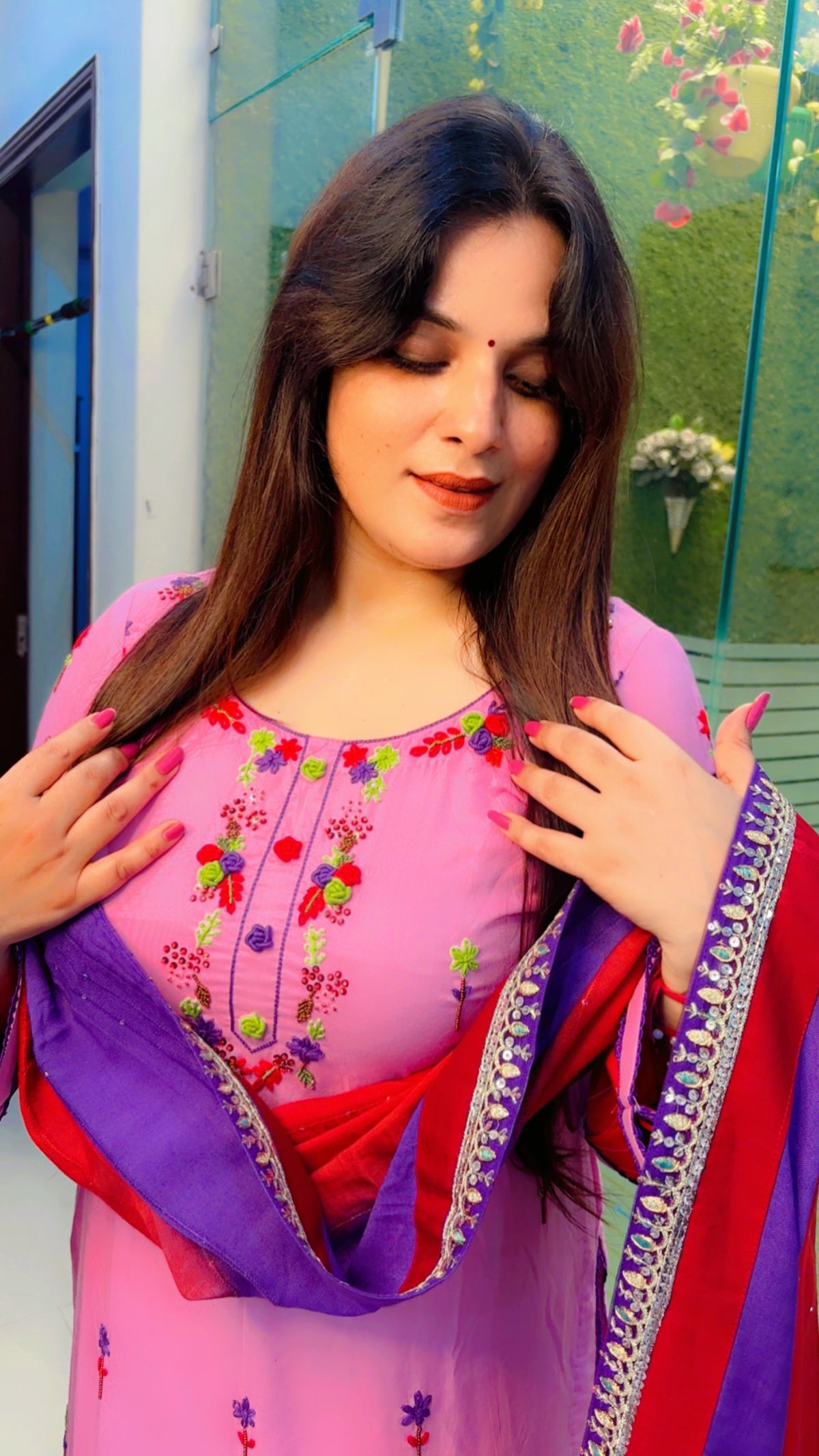 Pink Thread Worked Suit With Salwar And Tie-Dye Dupatta Set (KSD027)
