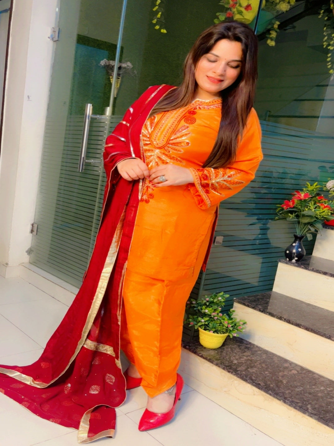 Orange Embroidered Farshi Salwar Suit And Dupatta Set (KSD028)