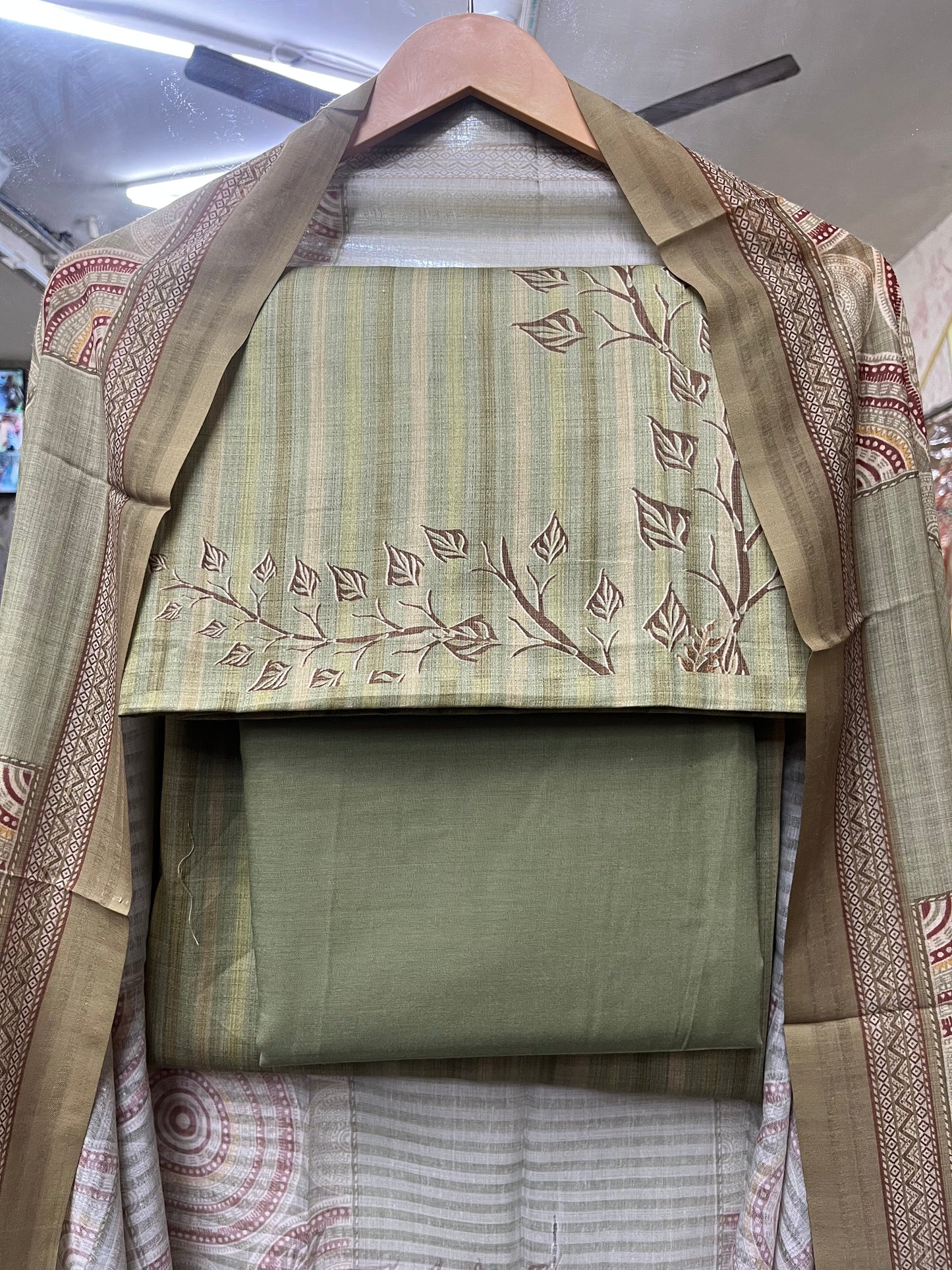 Sage Green Pure Cotton Unstitched Suit With Cotton Dupatta (US004)