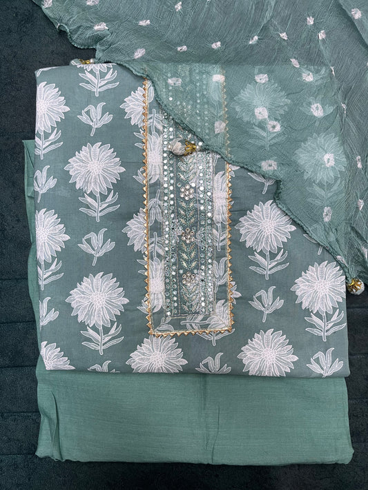 Sea Green Floral Print Pure Cotton Unstitched Suit With Chiffon Dupatta (US005)