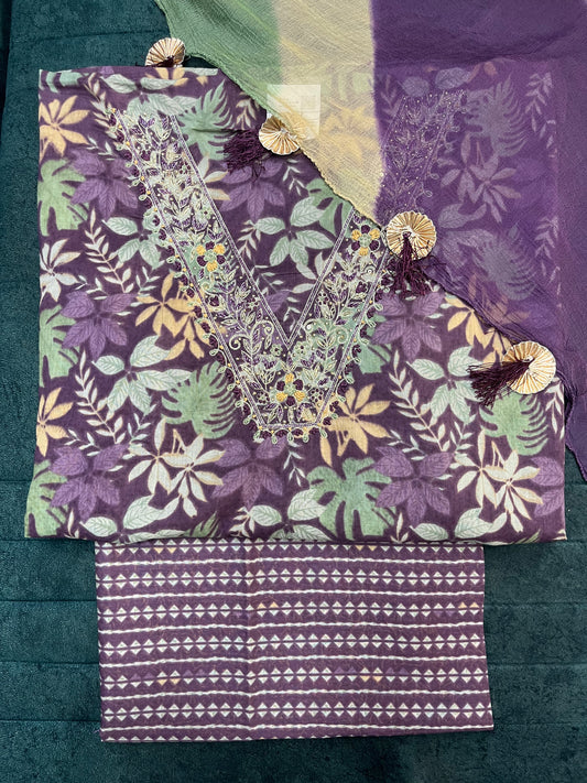 Purple Floral Print Cotton Unstitched Suit With Semi Pure Dupatta (US006)