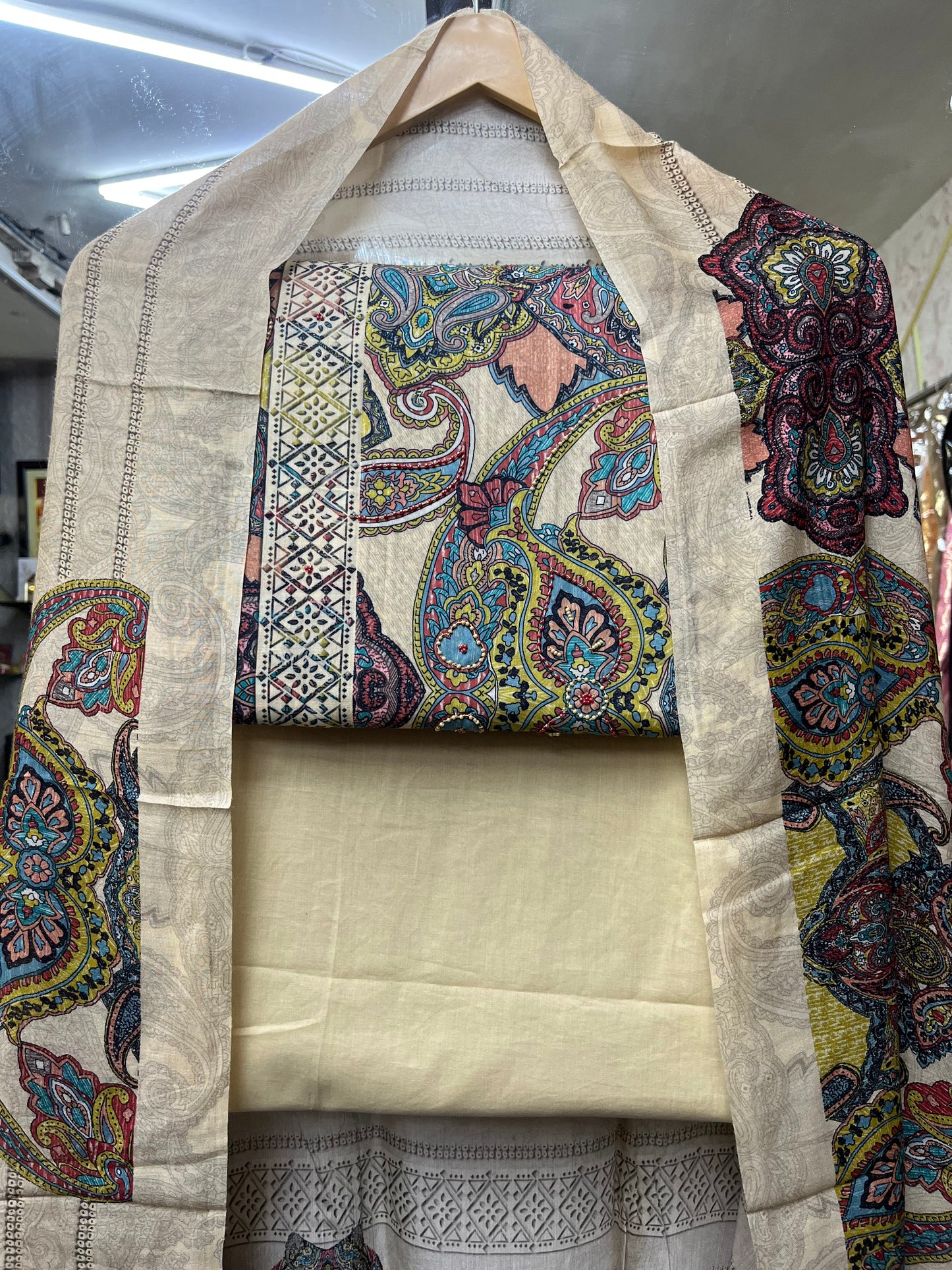 Beige Cotton Unstitched Suit With Muslin Dupatta (US007)