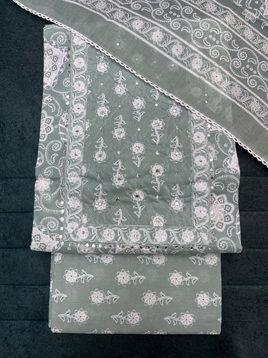 Sea Green Floral Print Cotton Unstitched Salwar Suit Set With Dupatta (US008)