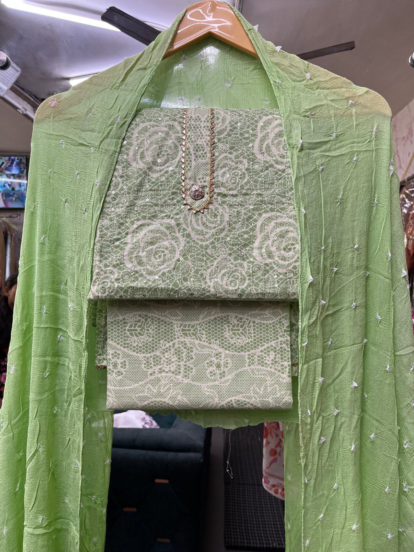 Light Green Cotton Unstitched Suit Material With Dupatta (US011)