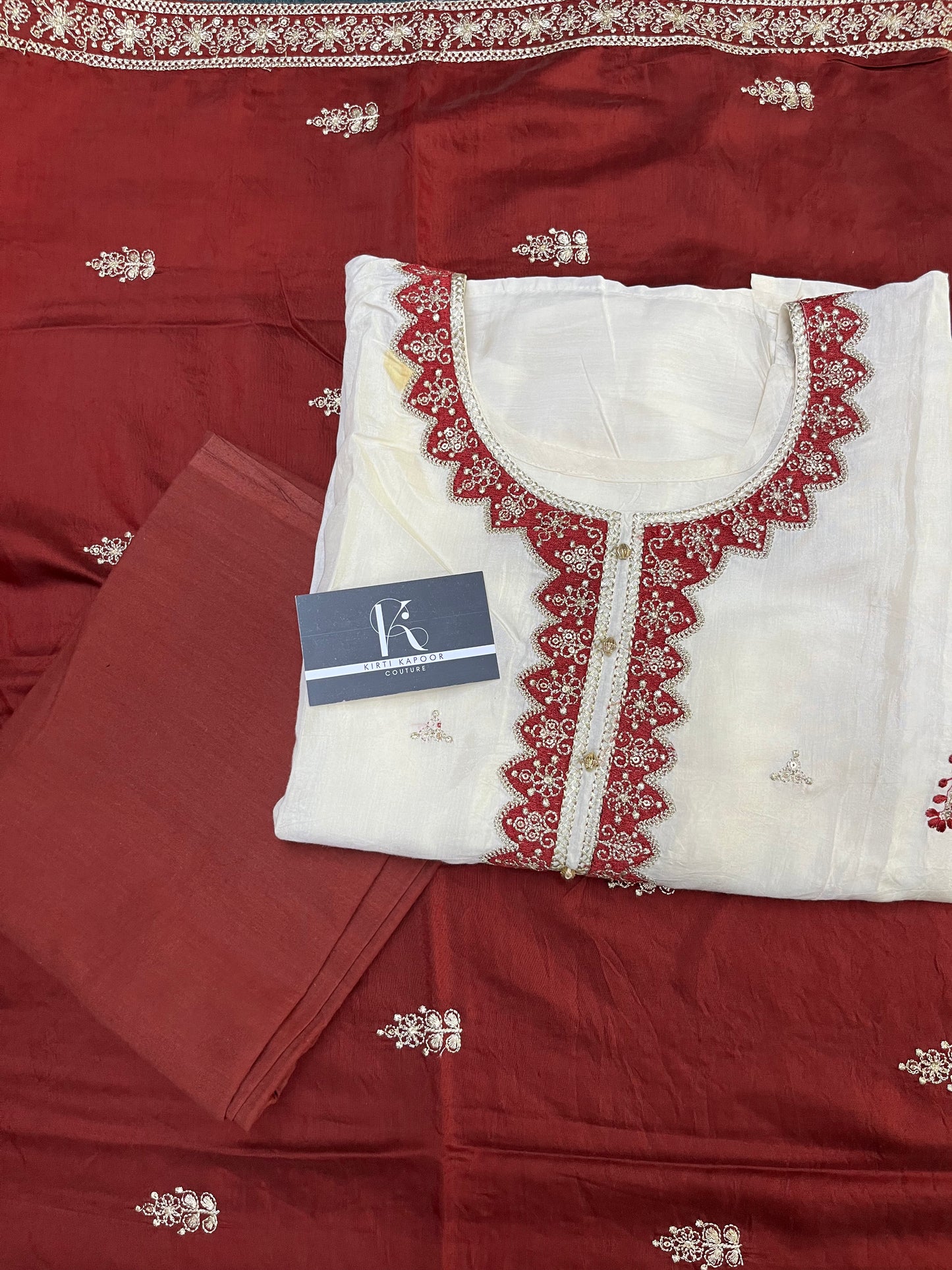 Cream Red Unstitched Suit Material With Dupatta (US016)