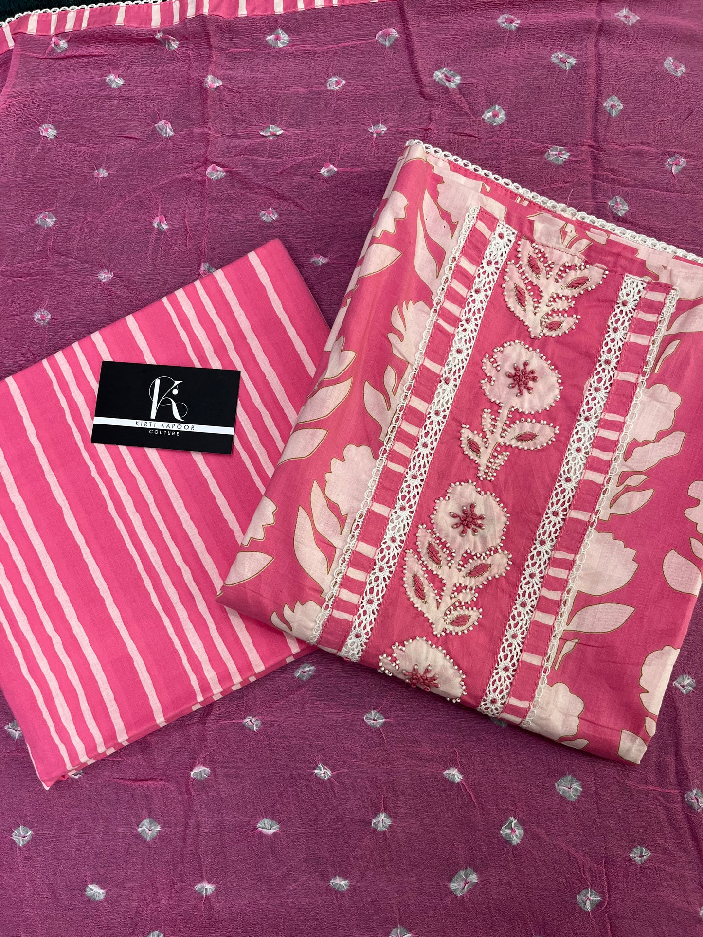 Pink Floral Print Cotton Unstitched Suit Set With Chiffon Dupatta (US018)