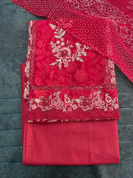 Red Cotton Unstitched Suit Material With Chiffon Dupatta (US019)