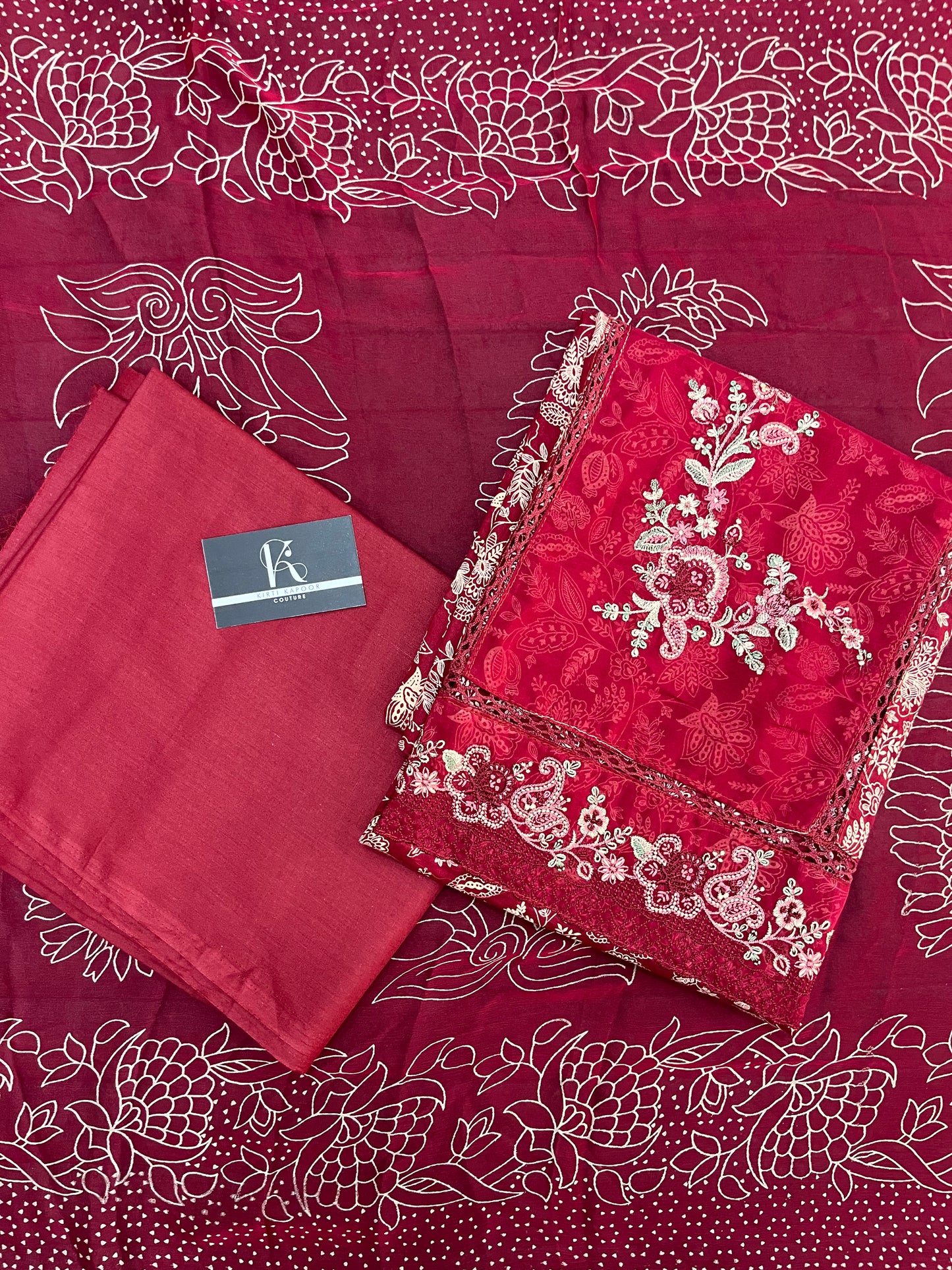 Red Cotton Unstitched Suit Material With Chiffon Dupatta (US019)