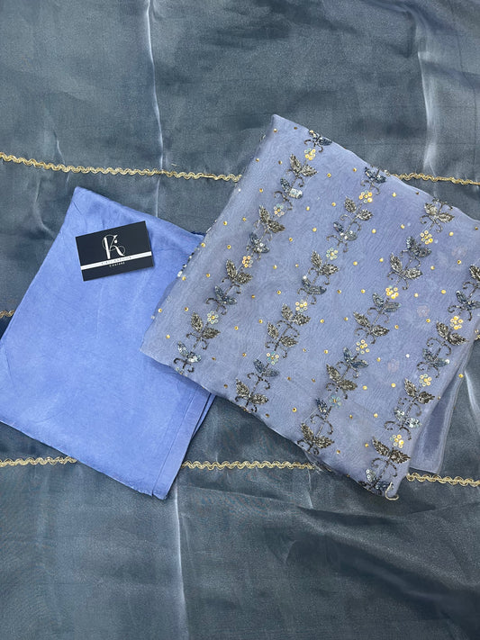Blue Tissue Fabric Unstitched Suit Salwar With Dupatta (US)