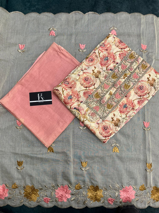 Beige and Peach Cotton Unstitched Salwar Suit (US031)