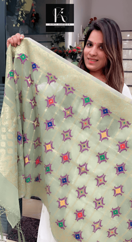 Banarasi Dupatta (Pista Green with Purple Work) - Kirti Kapoor Couture