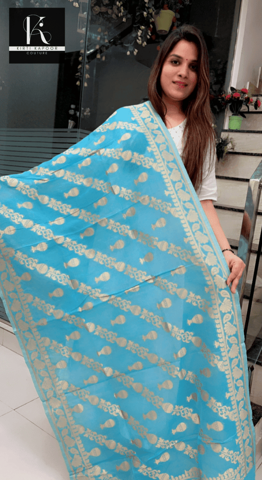 Banarasi Dupatta (Sky Blue with Golden Floral Work) - Kirti Kapoor Couture