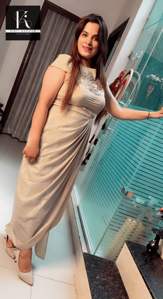 Beige One - Piece Drape Dress (with Embroidered Patch) - Kirti Kapoor Couture