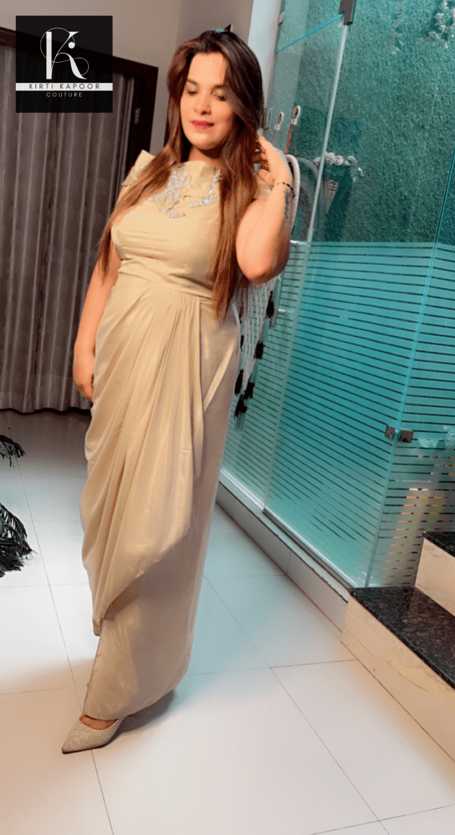 Beige One - Piece Drape Dress (with Embroidered Patch) - Kirti Kapoor Couture
