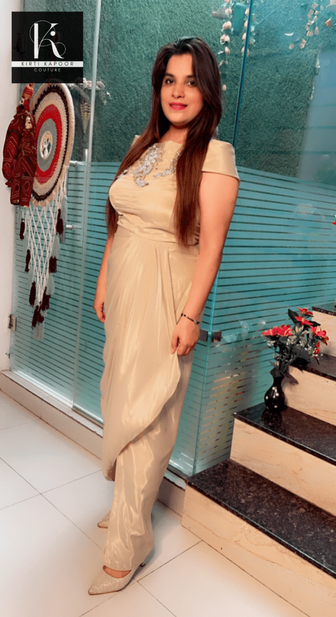 Beige One - Piece Drape Dress (with Embroidered Patch) - Kirti Kapoor Couture
