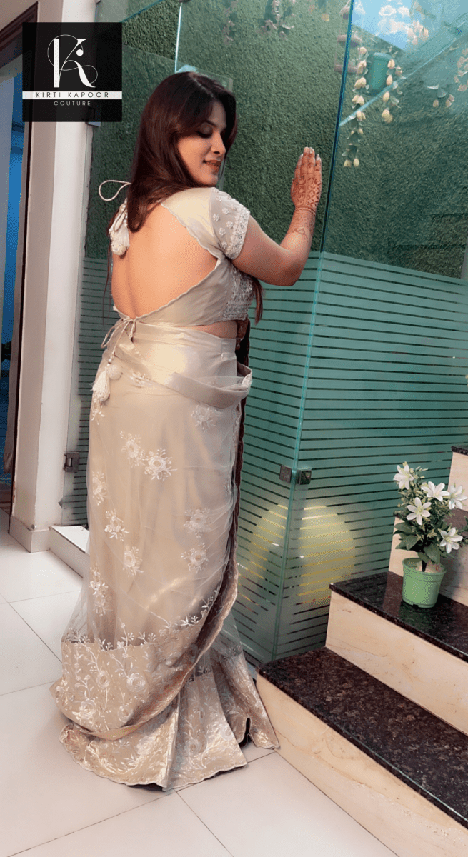 Beige Worked Net Saree with a Designer Blouse - Kirti Kapoor Couture
