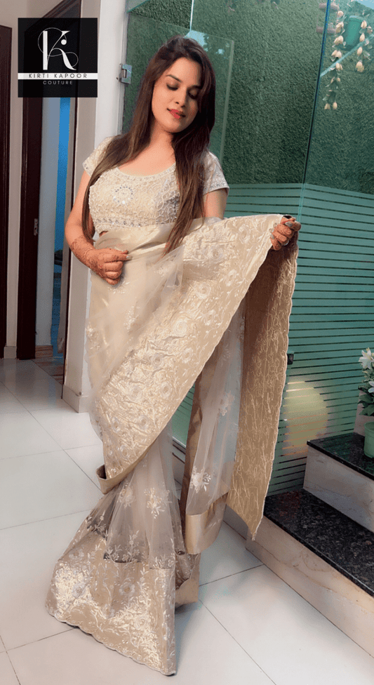 Beige Worked Net Saree with a Designer Blouse - Kirti Kapoor Couture