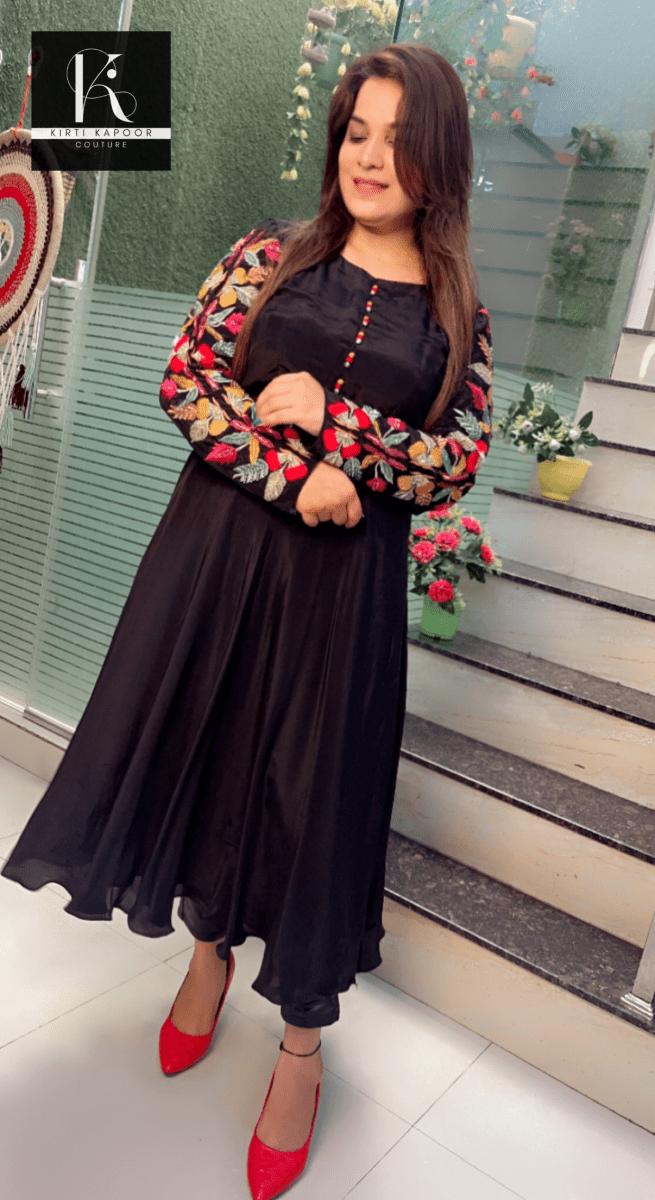 Black Crepe Anarkali with Embroidered Sleeves and Tie - Dye Dupatta - Kirti Kapoor Couture