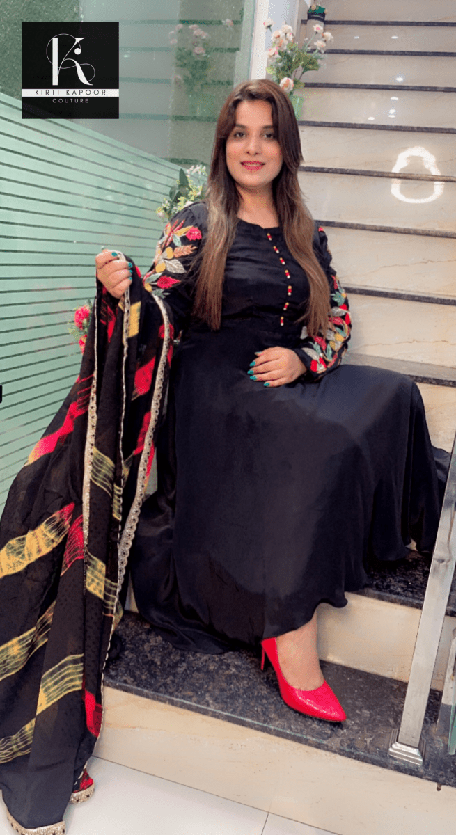Black Crepe Anarkali with Embroidered Sleeves and Tie - Dye Dupatta - Kirti Kapoor Couture