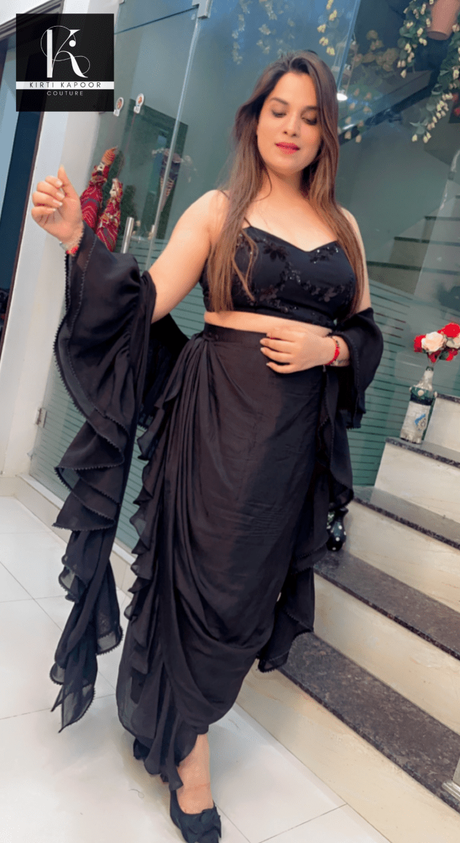 Black Drape Dress with a Ruffled Dupatta - Kirti Kapoor Couture