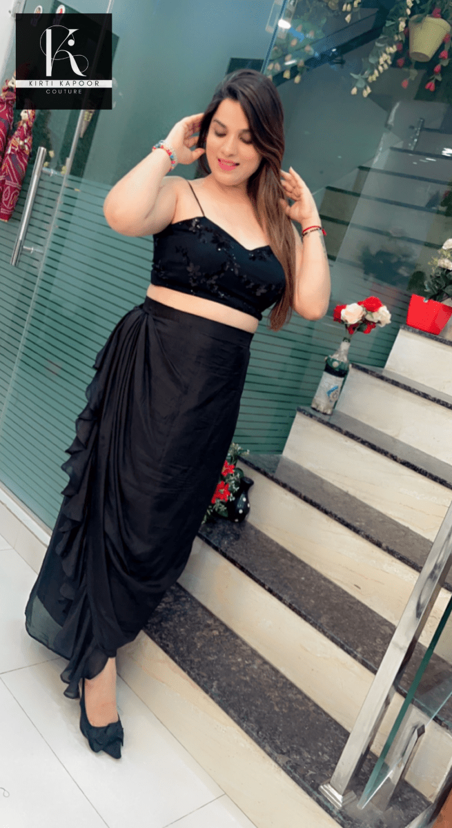 Black Drape Dress with a Ruffled Dupatta - Kirti Kapoor Couture