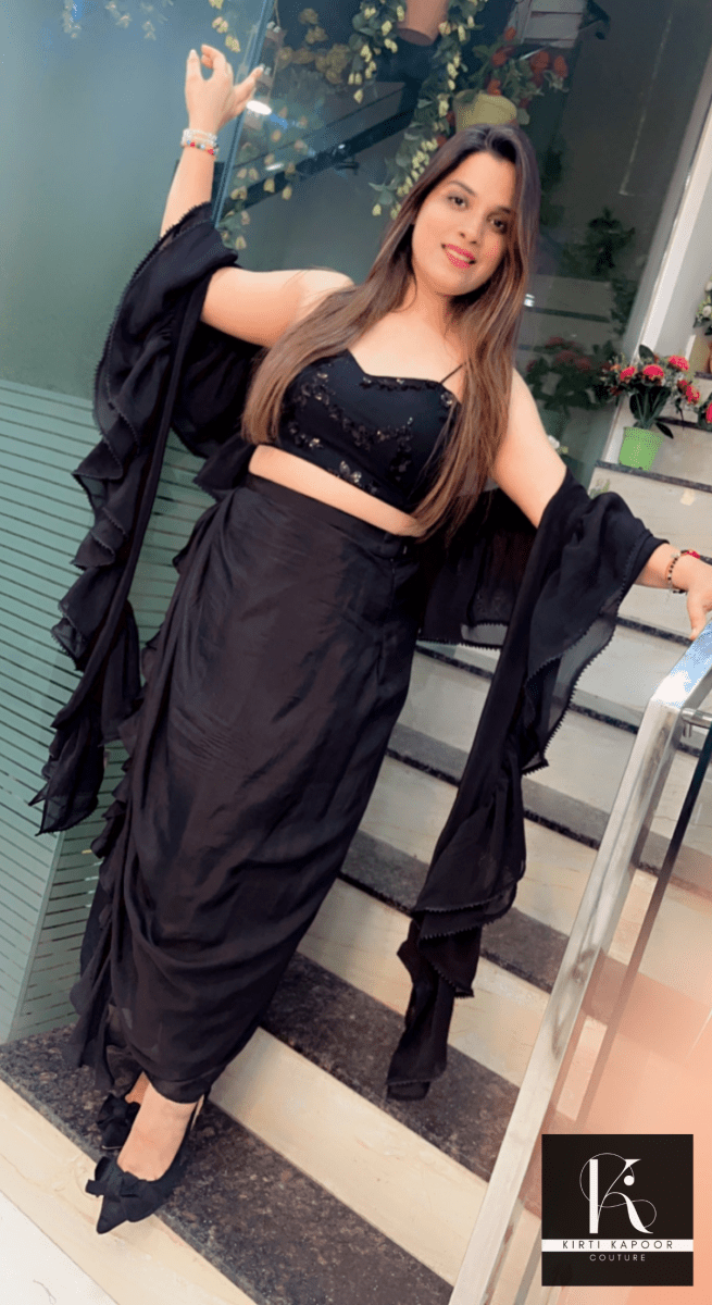 Black Drape Dress with a Ruffled Dupatta - Kirti Kapoor Couture