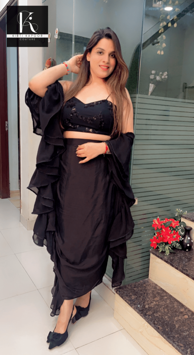 Black Drape Dress with a Ruffled Dupatta - Kirti Kapoor Couture