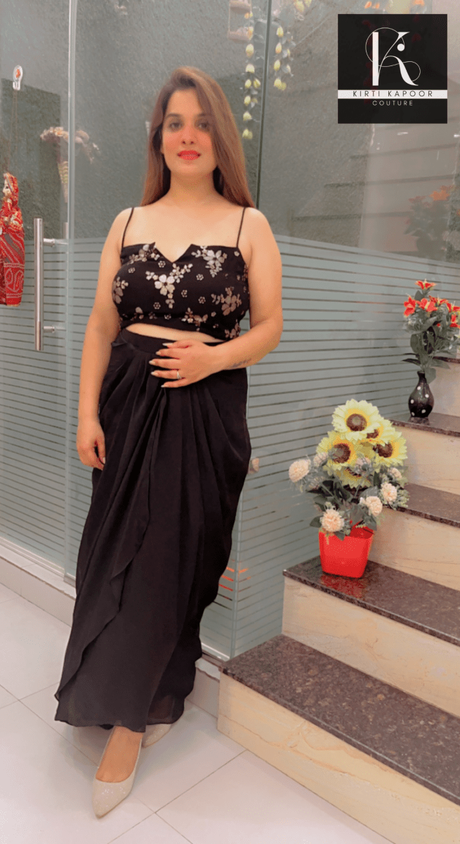 Black Dress With An Embroidered Blouse Plus A Detachable Cape - Kirti Kapoor Couture