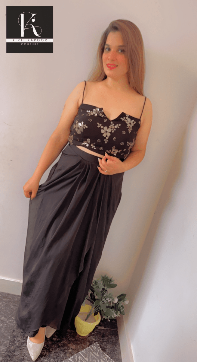 Black Dress With An Embroidered Blouse Plus A Detachable Cape - Kirti Kapoor Couture