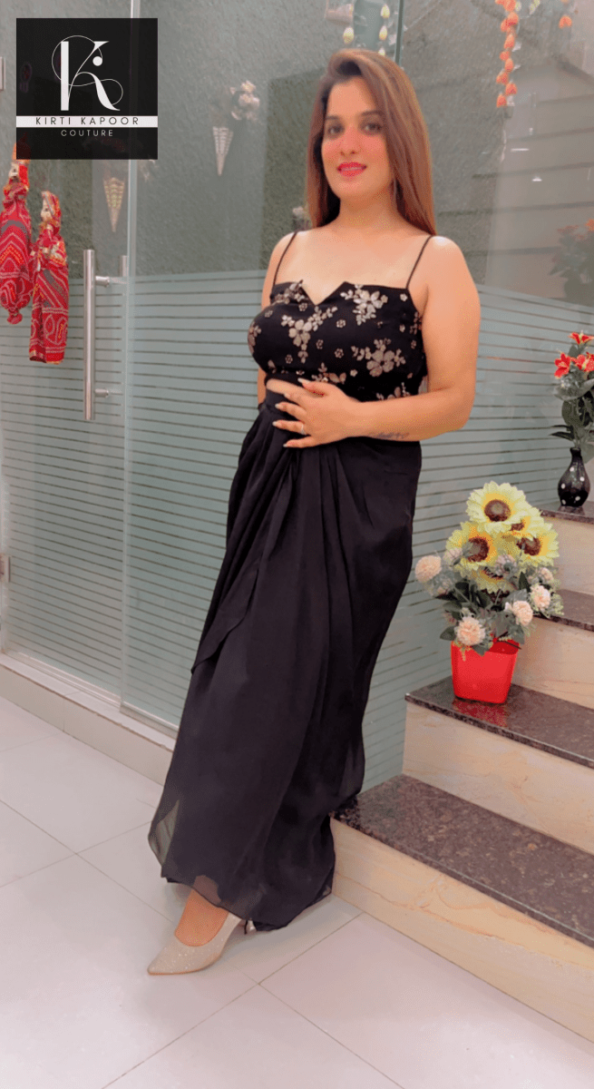 Black Dress With An Embroidered Blouse Plus A Detachable Cape - Kirti Kapoor Couture