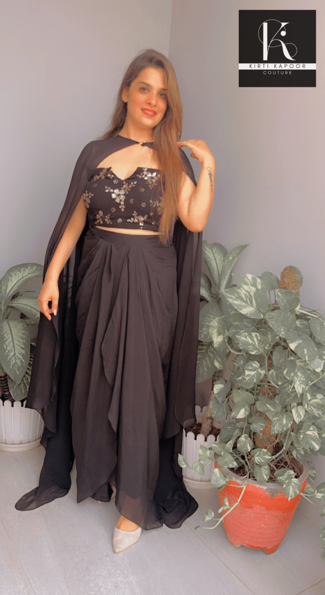 Black Dress With An Embroidered Blouse Plus A Detachable Cape - Kirti Kapoor Couture