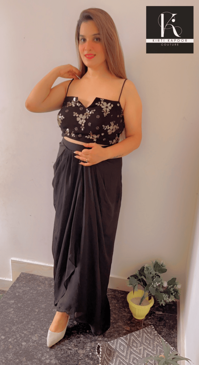 Black Dress With An Embroidered Blouse Plus A Detachable Cape - Kirti Kapoor Couture