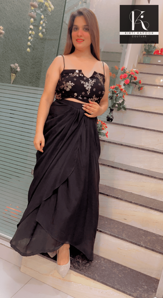 Black Dress With An Embroidered Blouse Plus A Detachable Cape - Kirti Kapoor Couture