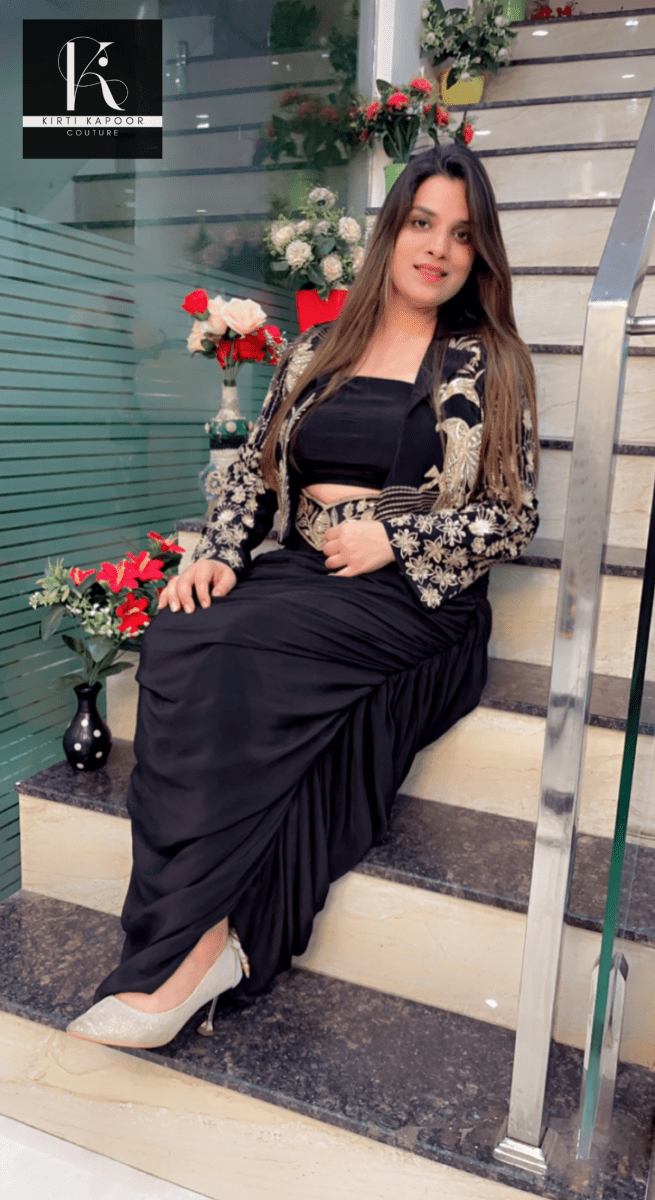 Black Embroidered Three - Piece Drape Dress - Kirti Kapoor Couture
