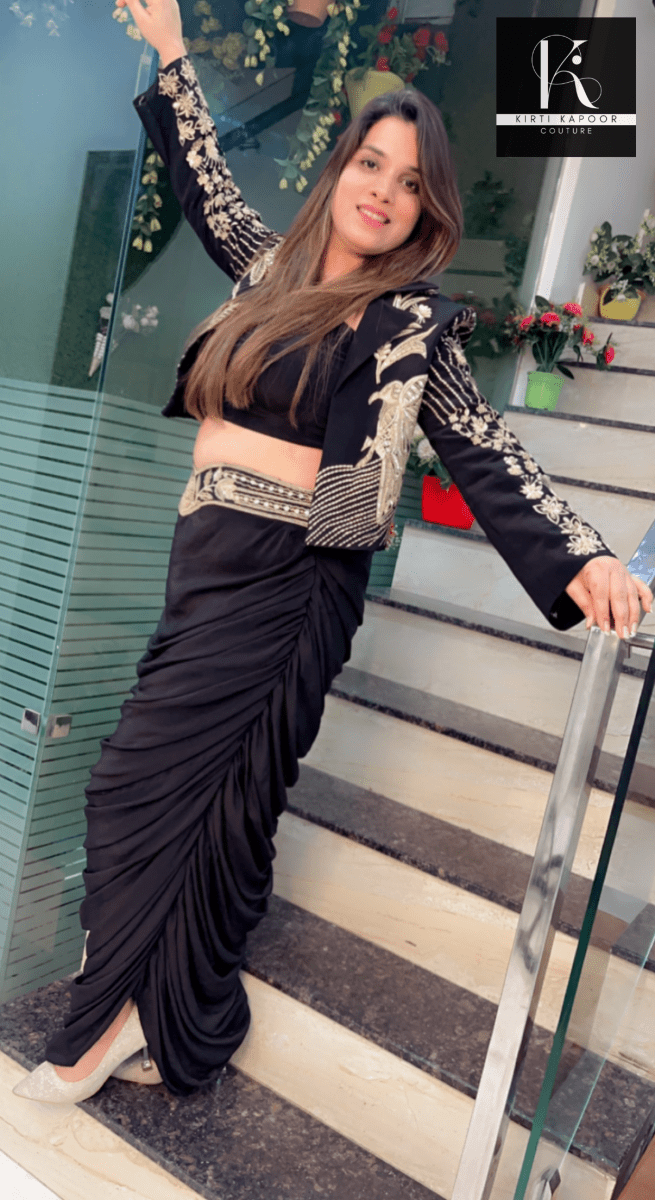 Black Embroidered Three - Piece Drape Dress - Kirti Kapoor Couture